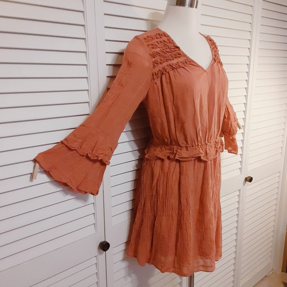 C&V Cottage Style Crepe Mini Dress with Ruffles & Bell Sleeves - Picture 4 of 15